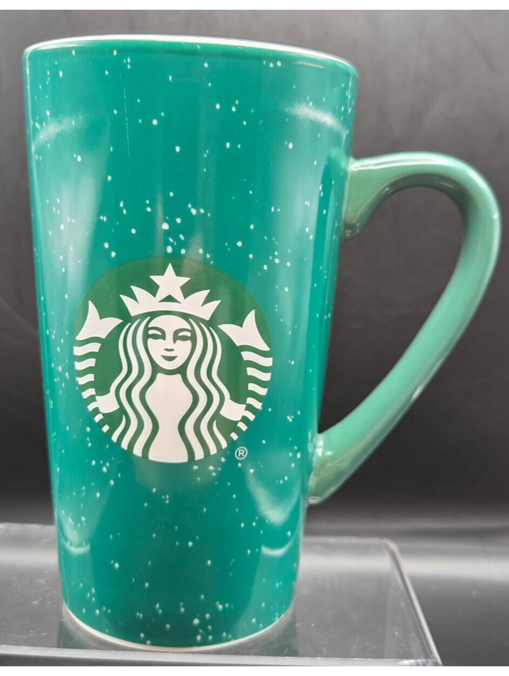 STARBUCKS 2020 Holiday 16oz Green Speckled Tall Ceramic Coffee Mug Cup Logo